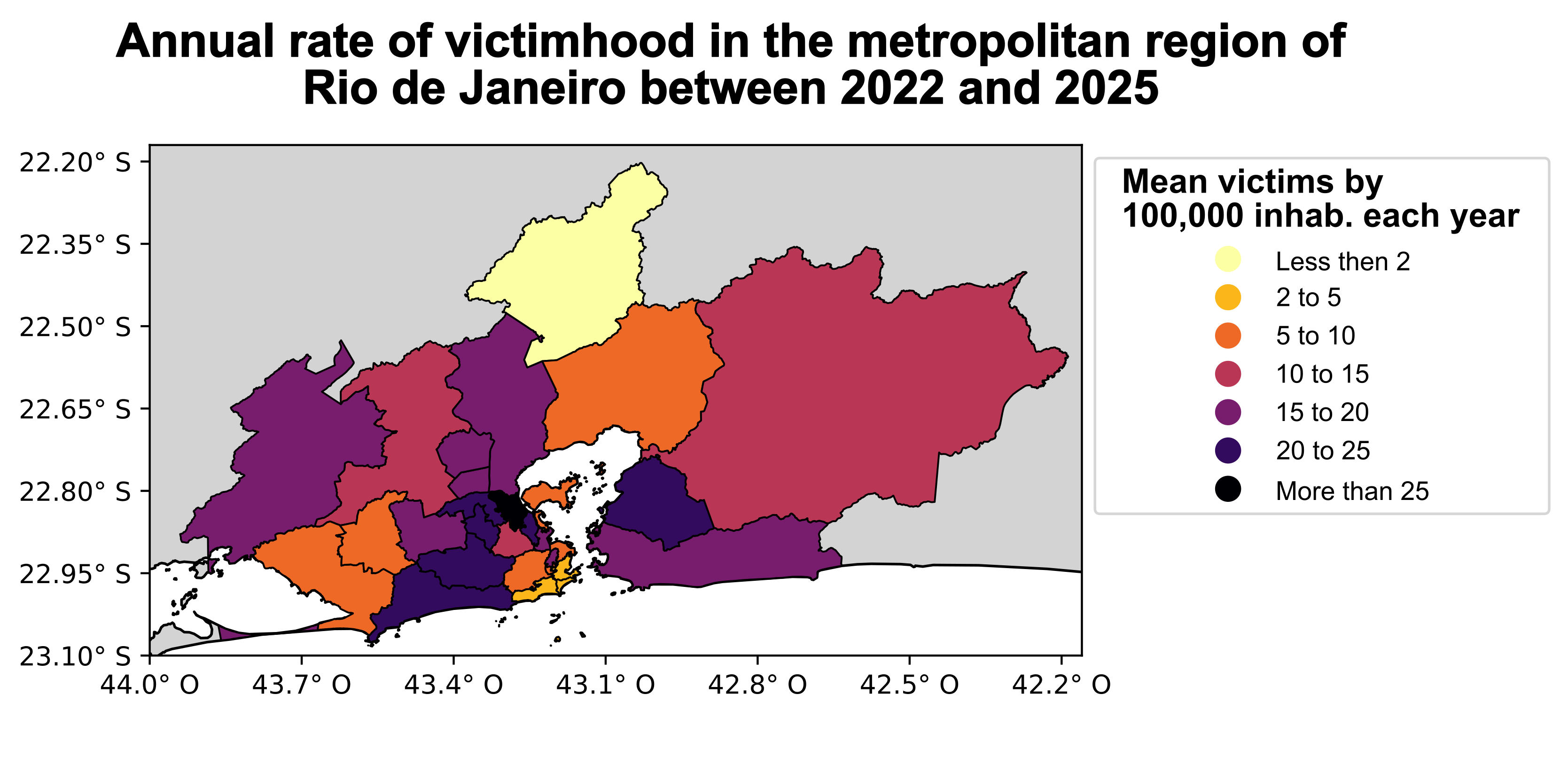 Map of victim rates across Rio de Janeiro's metropolitan region, 2022-2025 average